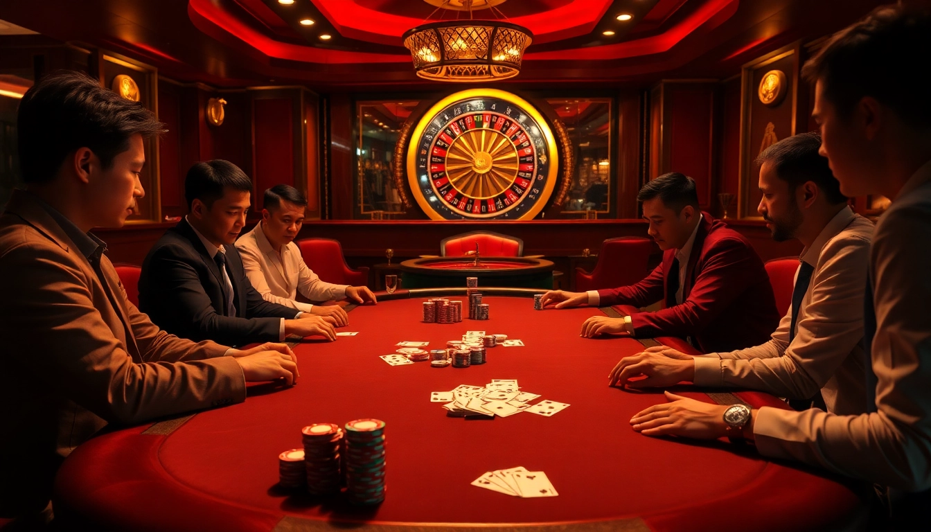 Engaged players at Nhà Cái X88 poker table, showcasing casino excitement and luxury.