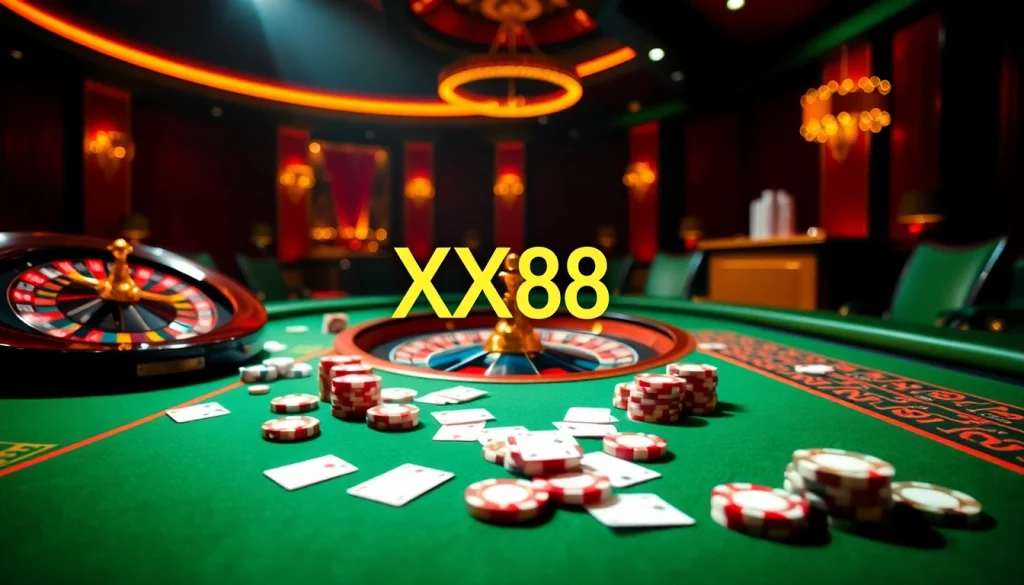 Experience the thrilling ambiance of XX88 with casino tables, cards, and roulette wheels for an engaging gambling experience.