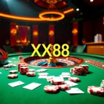 Experience the thrilling ambiance of XX88 with casino tables, cards, and roulette wheels for an engaging gambling experience.
