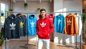 Džemperiai su spauda rodomi modernioje mažmeninėje prekyboje, demonstruodami ryškius dizainus ir aukštos kokybės tekstūras.