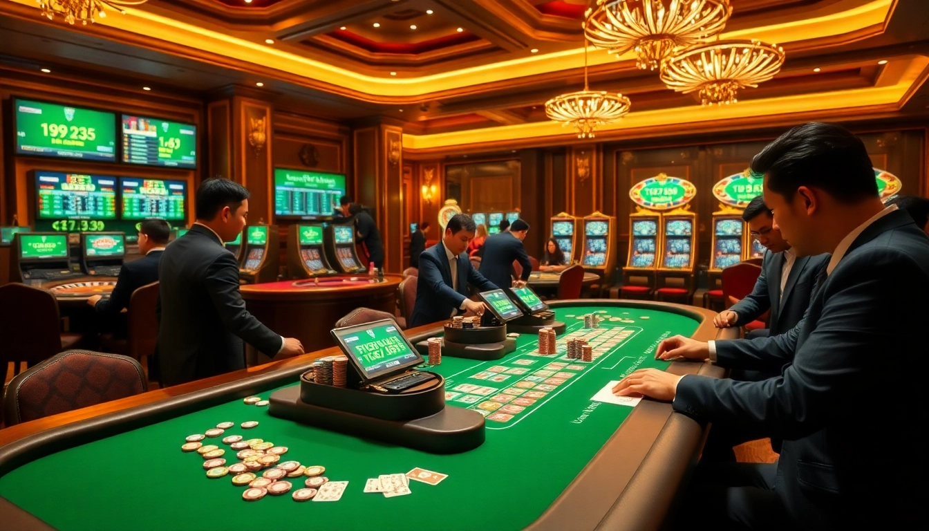 Tỷ lệ kèo nhà cái displayed on vibrant betting screens in a luxurious casino setting.