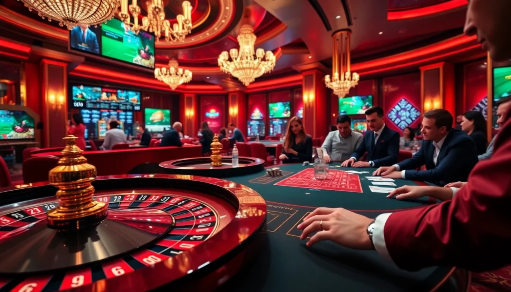 Exciting gaming scene at nhà cái 89bet, featuring players engaged at a vibrant casino table with cards and chips.