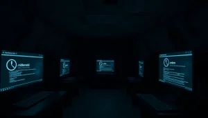 The Hidden Wiki interface illuminating a dark web room in 2025, featuring glowing screens and cryptographic symbols.
