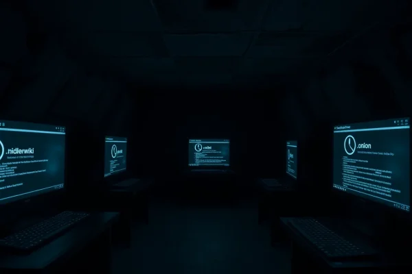 The Hidden Wiki interface illuminating a dark web room in 2025, featuring glowing screens and cryptographic symbols.