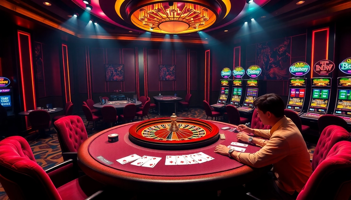 B52club players enjoying a thrilling game at a luxurious casino table with poker chips and cards.