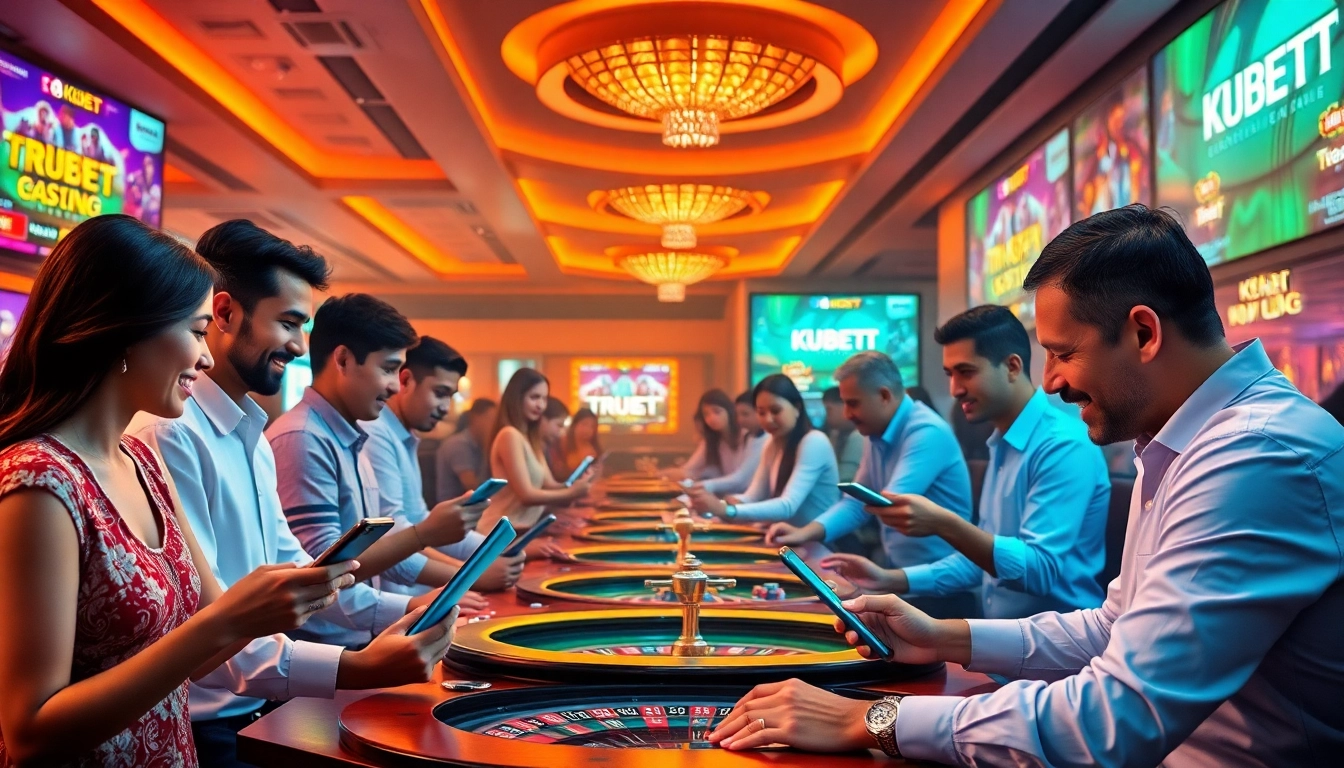 KUBET online casino scene showcasing diverse players enjoying various games in a vibrant atmosphere, symbolizing exciting gaming experiences.