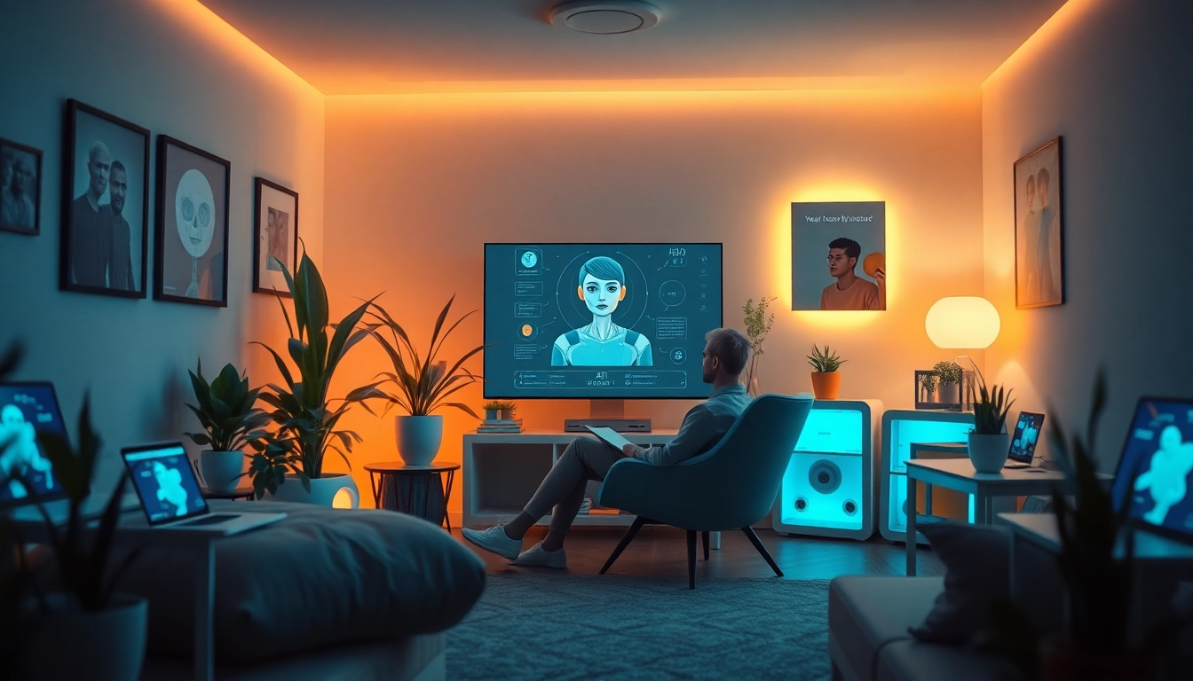 Engaging AI interaction scene illustrating the concept of crush on AI, featuring digital devices and a cozy ambiance.