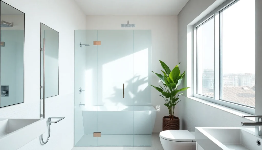 Show shower screen door in an elegant bathroom with natural light and modern design.