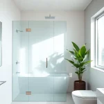 Show shower screen door in an elegant bathroom with natural light and modern design.