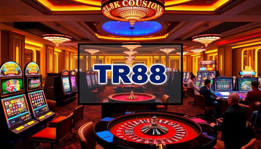 Thrilling gameplay at TR88 online casino with vibrant slot machines and roulette tables.