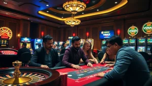 Gamblers enjoy intense action during the game VMAX at a high-end casino table.