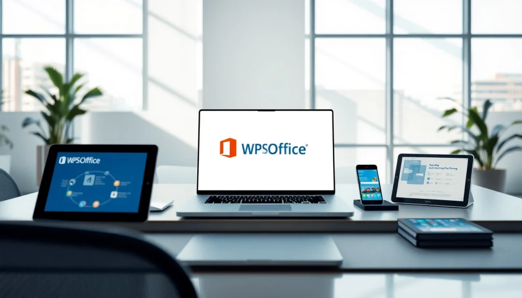 在专业工作区的现代笔记本电脑上展示的 WPS Office 套件。