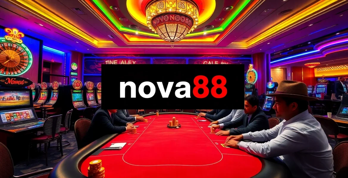 Engaged players at a Nova88 poker table in a vibrant casino atmosphere.