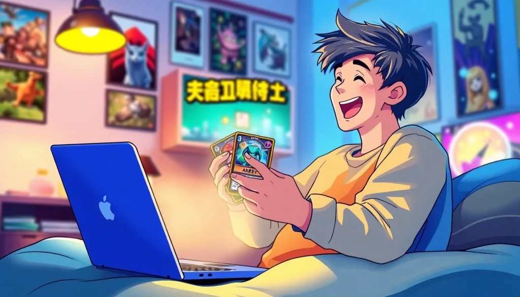 DOPAオリパ評判のイラスト。ノートパソコンの前でオンラインカードパックを喜んで開封するユーザーを描いており、鮮やかなカードデザインを示しています。