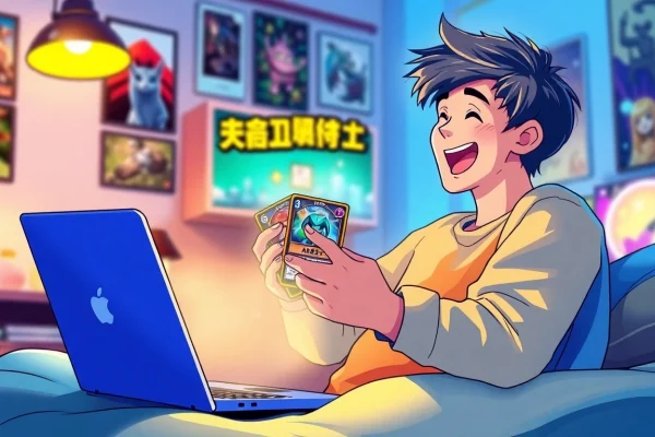 DOPAオリパ評判のイラスト。ノートパソコンの前でオンラインカードパックを喜んで開封するユーザーを描いており、鮮やかなカードデザインを示しています。