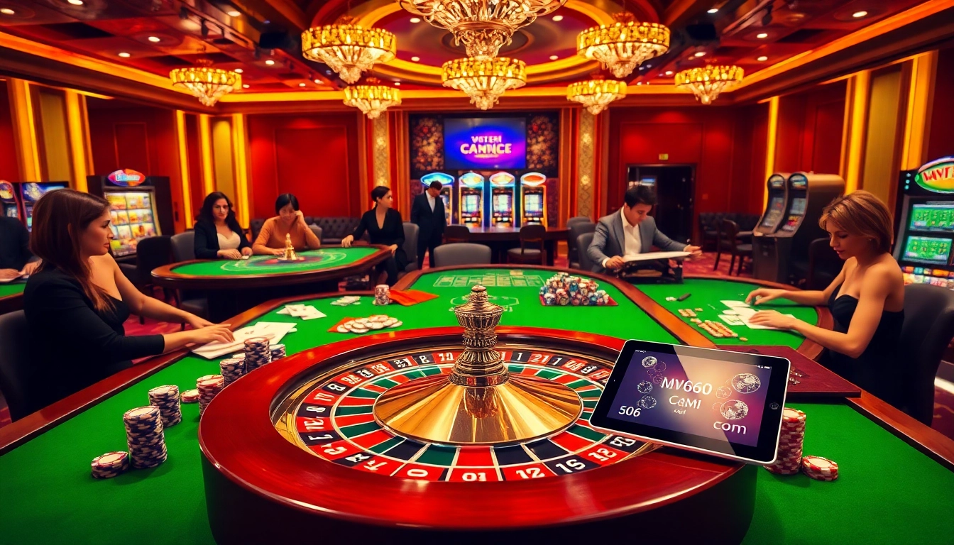 Engage with exciting casino games at MV66.com featuring roulette, poker, and vibrant gaming elements.