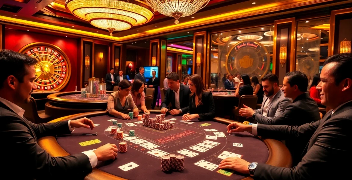Engaged players strategizing at a blackjack table in a luxurious casino, inspired by https:/sc88.bz/.