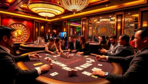 Engaged players strategizing at a blackjack table in a luxurious casino, inspired by https:/sc88.bz/.