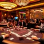 Engaged players strategizing at a blackjack table in a luxurious casino, inspired by https:/sc88.bz/.