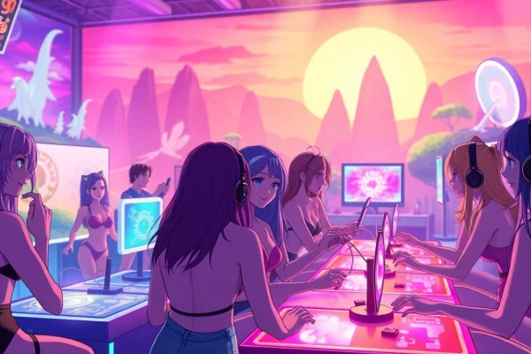 Exciting scene featuring diverse characters in a vibrant porn game environment.