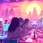 Exciting scene featuring diverse characters in a vibrant porn game environment.