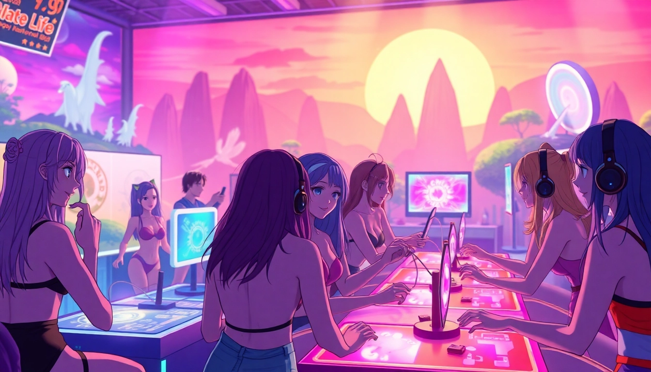Exciting scene featuring diverse characters in a vibrant porn game environment.
