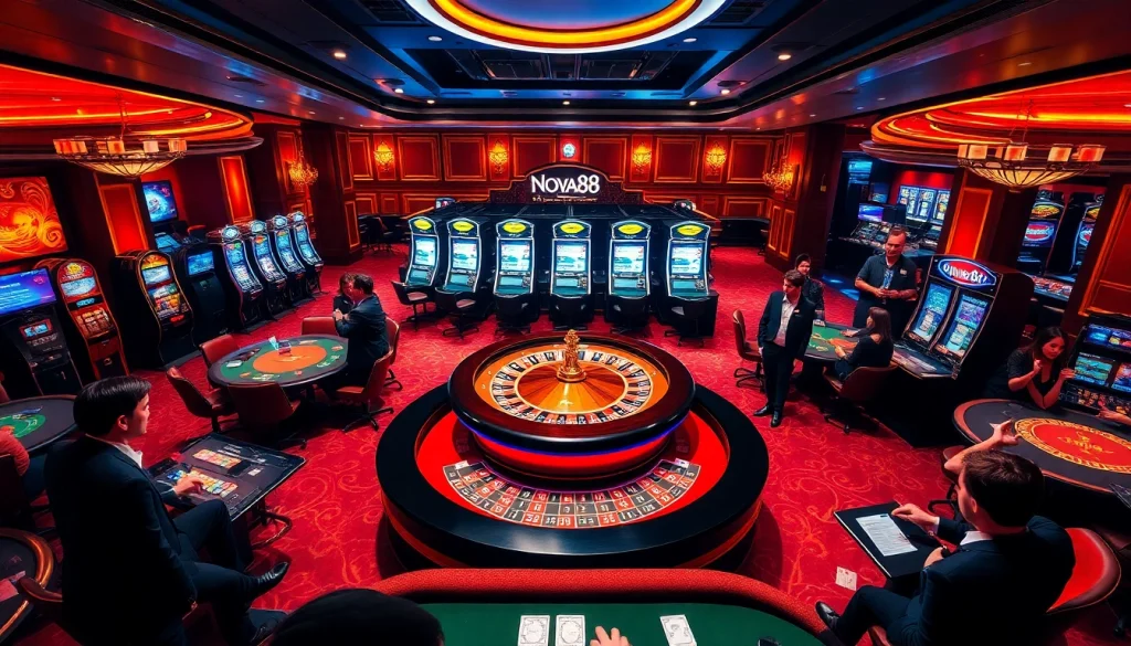 Experience the thrill of winning at Nova88's vibrant casino room filled with roulette and slot machines.