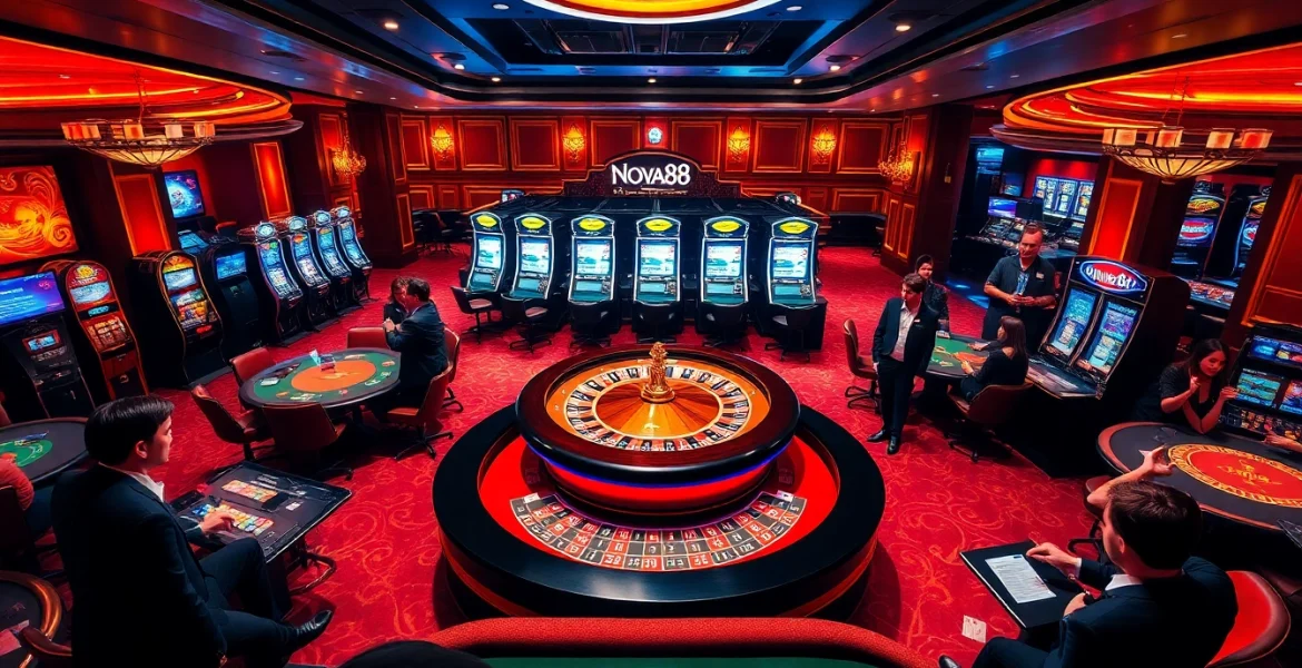 Experience the thrill of winning at Nova88's vibrant casino room filled with roulette and slot machines.