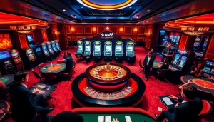 Experience the thrill of winning at Nova88's vibrant casino room filled with roulette and slot machines.