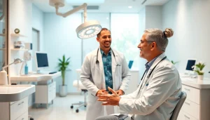 現代的なクリニック環境で、医療専門家が患者と相談している包茎手術 おすすめの様子。