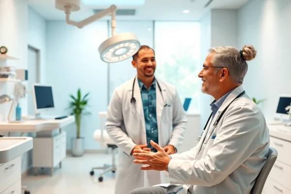 現代的なクリニック環境で、医療専門家が患者と相談している包茎手術 おすすめの様子。