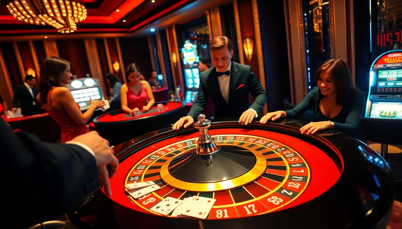 Experience high-stakes thrills with BDTK66 at a stylish roulette table surrounded by excited gamblers.