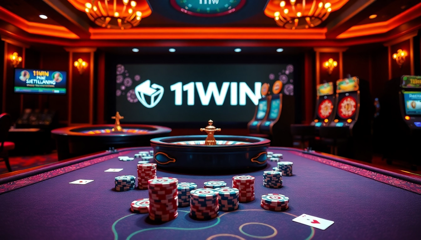 Enjoying an exciting game at the luxurious casino table featuring 11WIN themed elements.