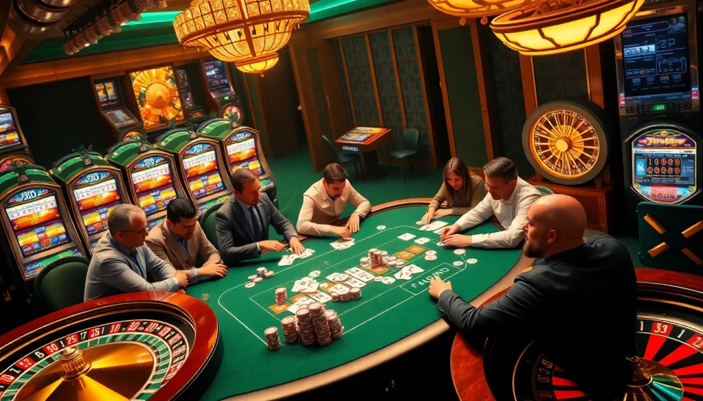 Exciting casino scene with players engaged in poker at 789P table surrounded by vibrant slot machines.