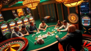 Exciting casino scene with players engaged in poker at 789P table surrounded by vibrant slot machines.