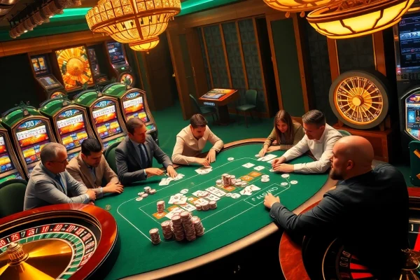 Exciting casino scene with players engaged in poker at 789P table surrounded by vibrant slot machines.