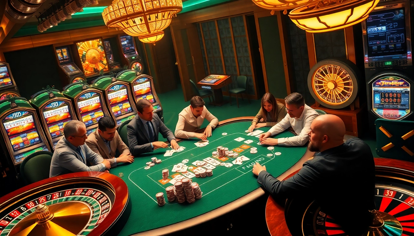 Exciting casino scene with players engaged in poker at 789P table surrounded by vibrant slot machines.