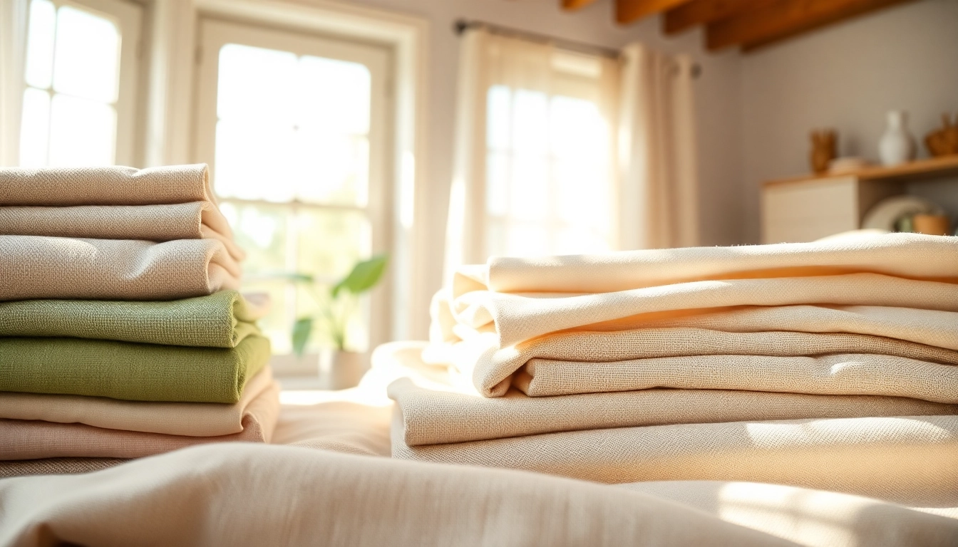 Bekijk diverse zachte linnen stoffen in een lichte en uitnodigende setting.