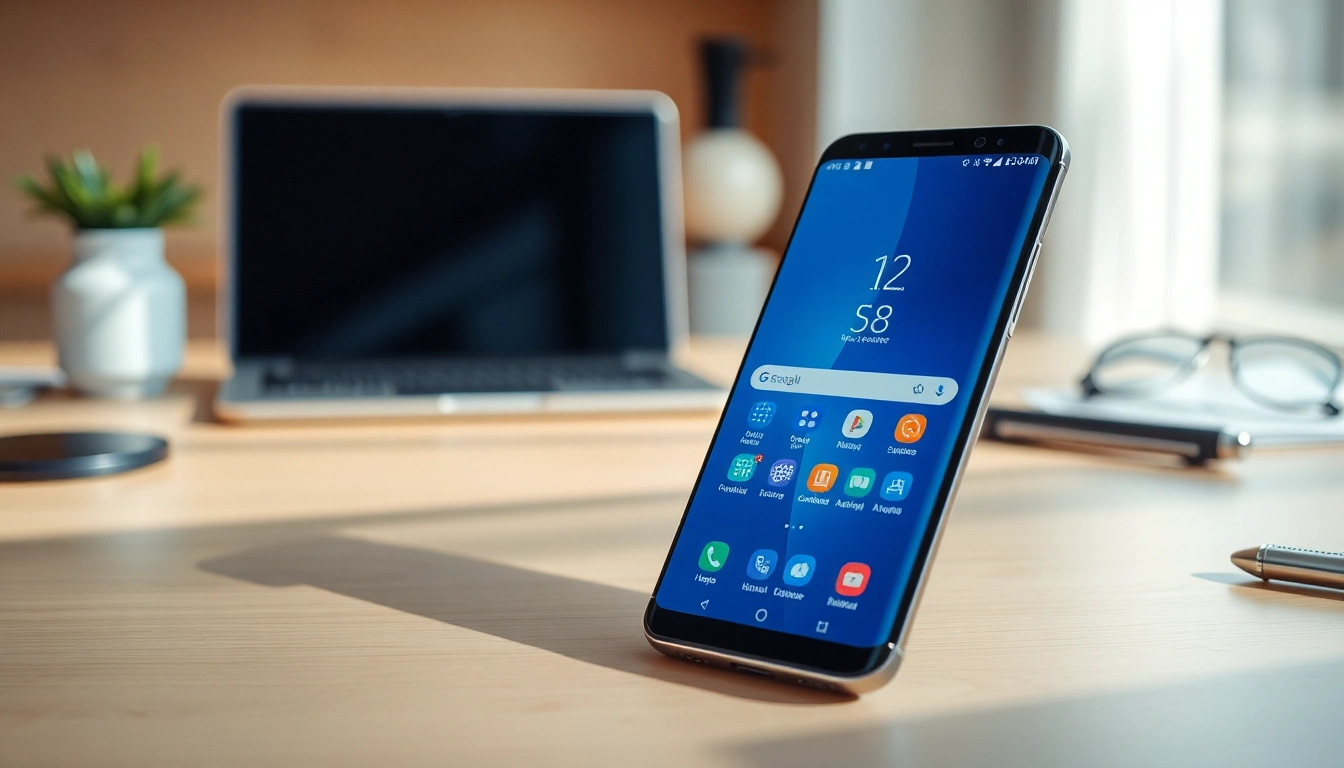Sleek Samsung Galaxy S8 smartphone with edge-to-edge display in a modern tech workspace.