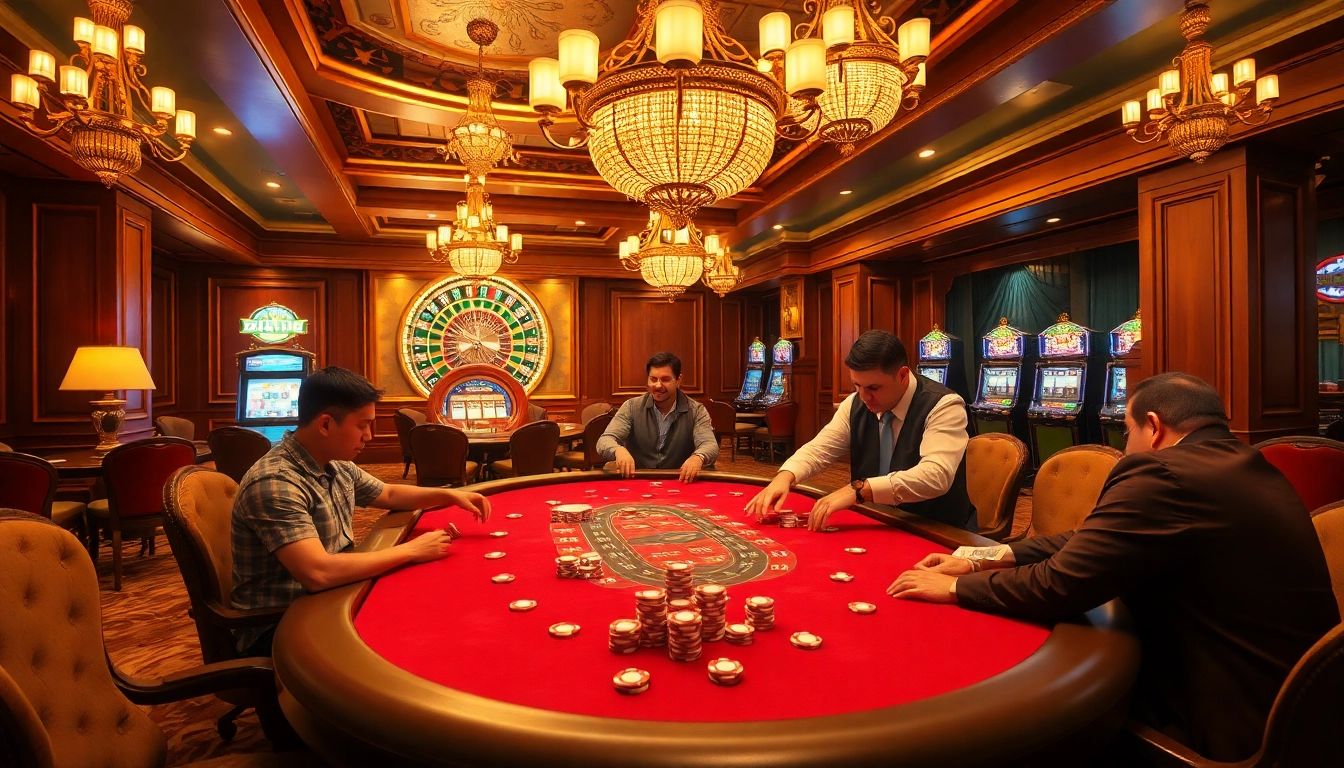 Players immersed in a high-stakes game of poker at a lavish casino, showcasing daga excitement and thrill.