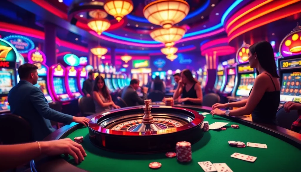 Engaging gamblers celebrating wins at the casino tables from https://www.6rwin5.com/, featuring poker chips and roulette.