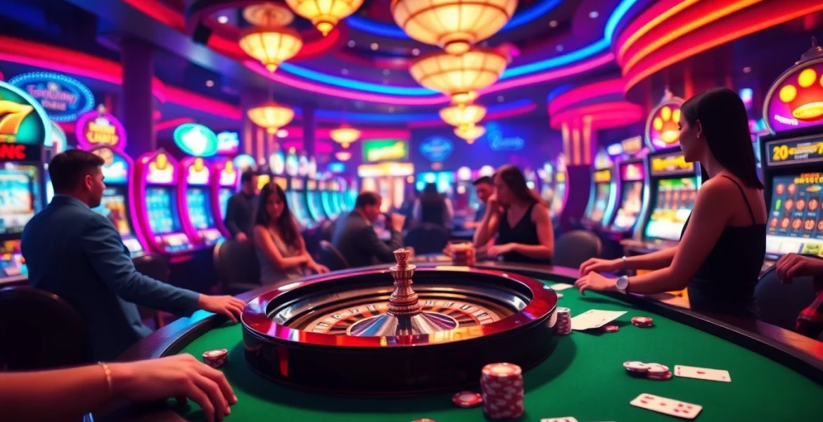 Engaging gamblers celebrating wins at the casino tables from https://www.6rwin5.com/, featuring poker chips and roulette.
