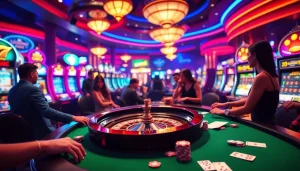 Engaging gamblers celebrating wins at the casino tables from https://www.6rwin5.com/, featuring poker chips and roulette.