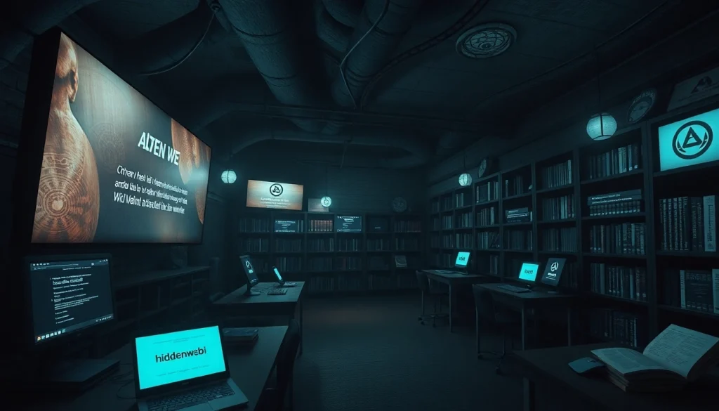Exploring the hidden wiki showcases a dark web library with .onion links and privacy symbols.