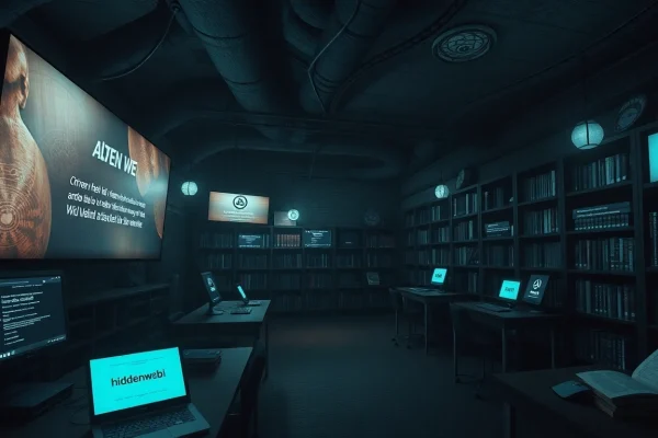 Exploring the hidden wiki showcases a dark web library with .onion links and privacy symbols.