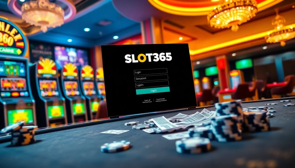 SLOT365 login page displayed on a vibrant casino interface with slot machines and poker chips.