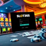 SLOT365 login page displayed on a vibrant casino interface with slot machines and poker chips.