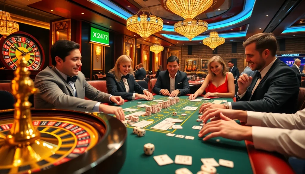 XSMB 247 gameplay scene with players placing bets at a luxurious casino table filled with vibrant poker chips and a roulette wheel.