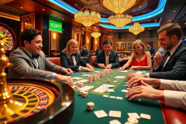 XSMB 247 gameplay scene with players placing bets at a luxurious casino table filled with vibrant poker chips and a roulette wheel.