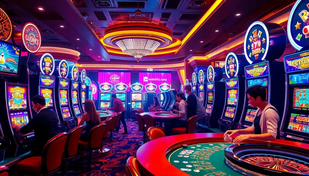 Engage with slot777 machines in an exhilarating casino setting, featuring excited players and vibrant lights.